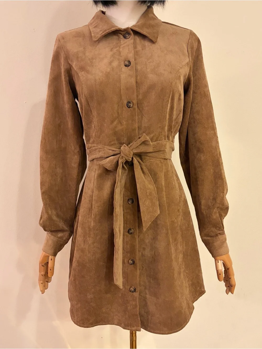 NWT Francesca's Mi Ami Camel Corduroy Belted Shirt Dress M Fits S Brown Mini⁠
